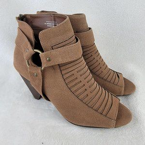 Cato Tan Textile Open Toe Strappy Buckle Cut Out Block Heel Bootie Sandals 10M